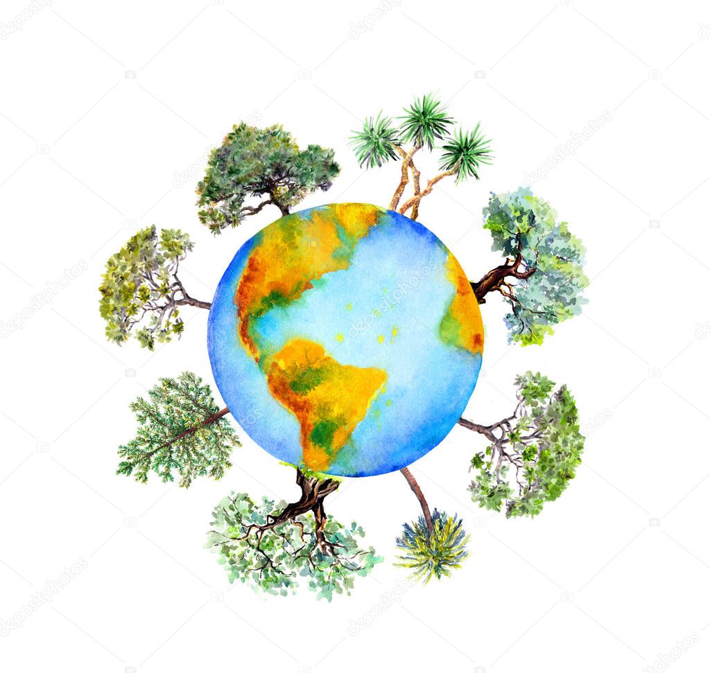 Illustrazione stock Acquerello pianeta Terra con alberi verdi. Disegno  dipinto a mano del globo con piante verdi intorno, testo Giornata della  Terra di ©zzzorikk #443309372, image size:1024x971