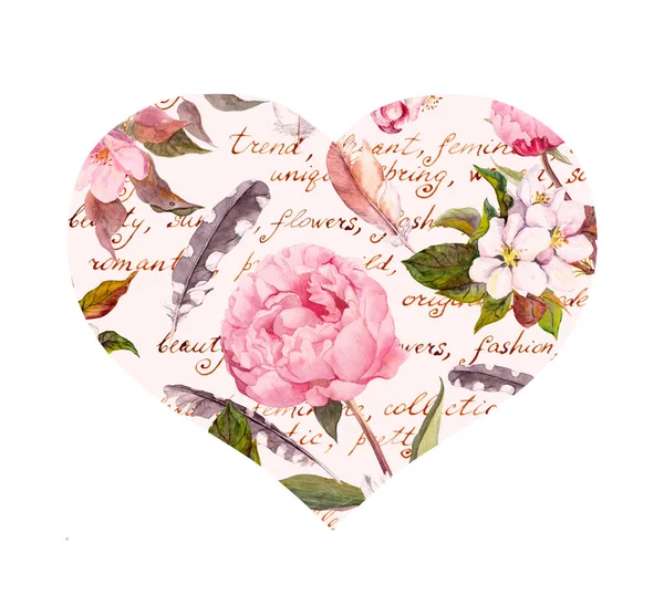 Pivoňkové květiny, sakura, peří. Ročník hladký květinový vzor s ručně psaným dopisem. Akvarel — Stock fotografie