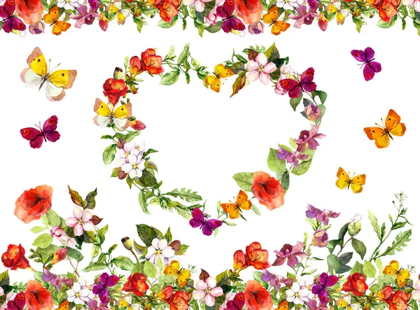 Yaz kelebekleri, çayır çiçekleri, yabani otlar. Kalp ve sınır desenli çiçek çizimi. Suluboya daveti, tarih kartını kaydet — Stok fotoğraf