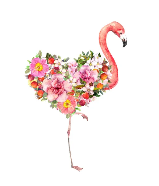 Ροζ φλαμίνγκο πουλί με λουλουδάτη καρδιά. Κόκκινα, ροζ λουλούδια. Υδατογραφία για την ημέρα του Αγίου Βαλεντίνου — Φωτογραφία Αρχείου