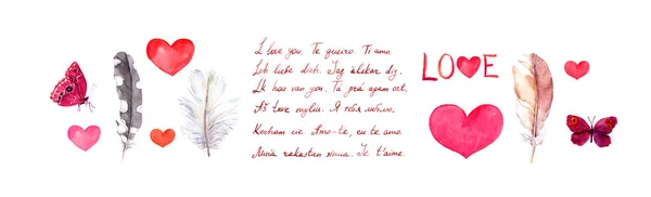 Láska na Valentýna - srdce, peří, motýli a text Miluji tě v různých jazycích. Akvarel na Valentýna — Stock fotografie