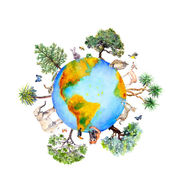 Мировой шар с животными, птицами, насекомыми, зелеными деревьями вокруг. Планета Земля с зоопарком, дикой природой. Экология акварели