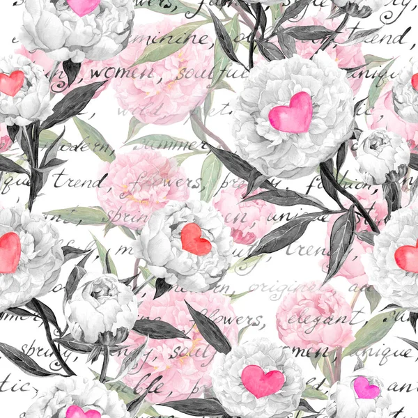 Παιώνια λουλούδια, καρδιές. Απρόσκοπτη floral μοτίβο για την ημέρα του Αγίου Βαλεντίνου, γάμος — Φωτογραφία Αρχείου