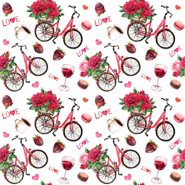 Alla hjärtans dag sömlöst mönster. Vintage cykel med röda rosor buketter, hjärtan, choklad godis, jordgubbar, vinglas, text Kärlek. Akvarellblommor, sötsaker — Stockfoto