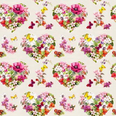 Kusursuz bir desen. Çiçeklerden, çayır kelebeklerinden, yabani otlardan alınmış klasik çiçek kalpleri. Suluboya