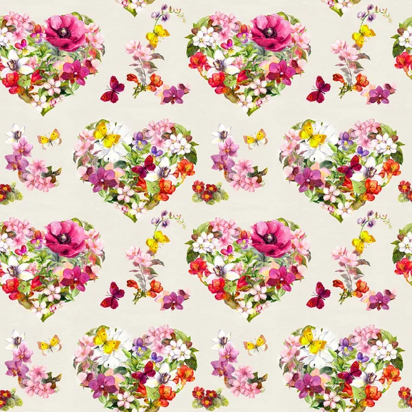 Seamless pattern - vintage floral hearts from flowers, meadow butterflies, wild grass. Watercolor — Stock Photo, Image