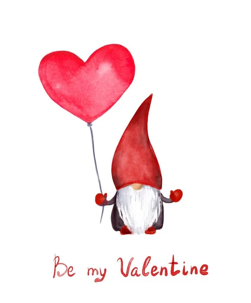 Valentines day gnome with heart balloon, text Be my Valentine . Watercolor love card — Stock Photo, Image