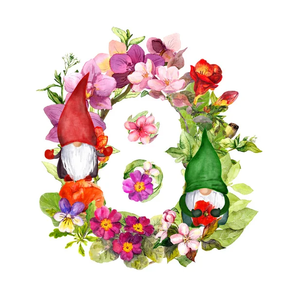 Жіноча денна листівка з гномами, квіти з номером 8. Квіткова листівка на жіноче свято, 8 березня. Акварель — стокове фото