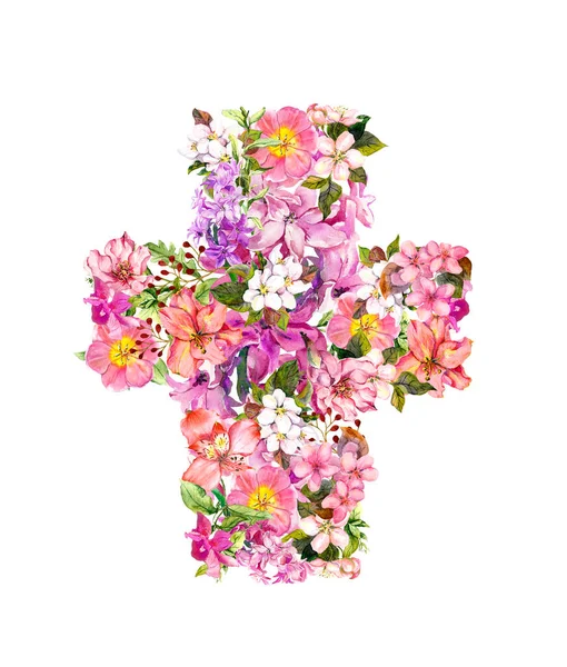 Virágos húsvéti kereszt virágokkal. Akvarell illusztráció — Stock Fotó