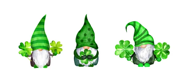 Σύνολο gnomes ημέρα του Αγίου Πατρικίου σε ριγέ και διακοσμημένα καπέλα με τέσσερα φύλλα τριφύλλια - σύμβολα τύχη. Υδατογραφία πράσινο σκανδιναβική νάνοι συλλογή, δέσμη σε celtic, ιρλανδικό στυλ — Φωτογραφία Αρχείου