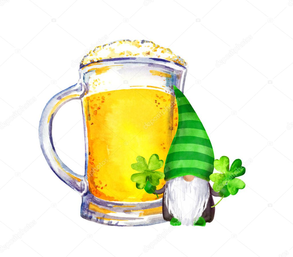St Patrick day irish gnome, beer, lucky clover leaves with four leaf. Glass mug with alcohol drink. Hand painted drawing