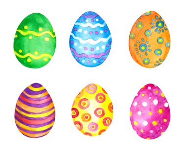 Paskalya yumurtaları, çiçekler, noktalar, parlak renklerle boyanmış ve süslenmiş. Suluboya bohça koleksiyonu