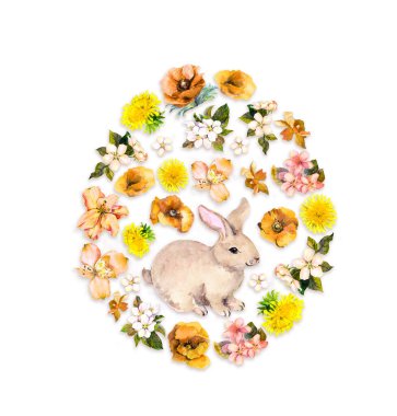 Paskalya yumurtası şeklinde. Çiçekli tavşan. Çiçekli suluboya