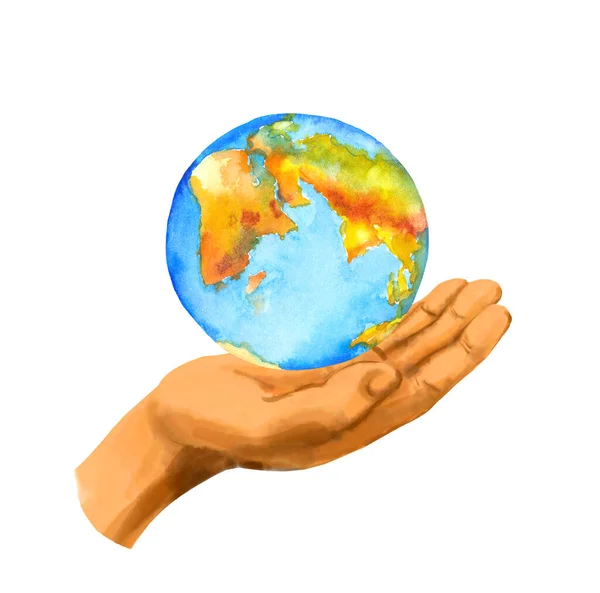 Hand holding world globe. Watercolor concept for Earth day or hour — Stock Photo, Image