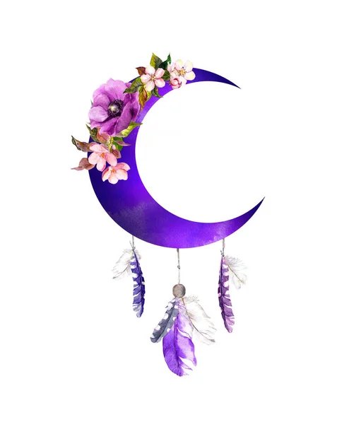 Violet crescent moon with flowers, feathers. Boho vintage design for woman tattoo. Watercolor bohemian illustration