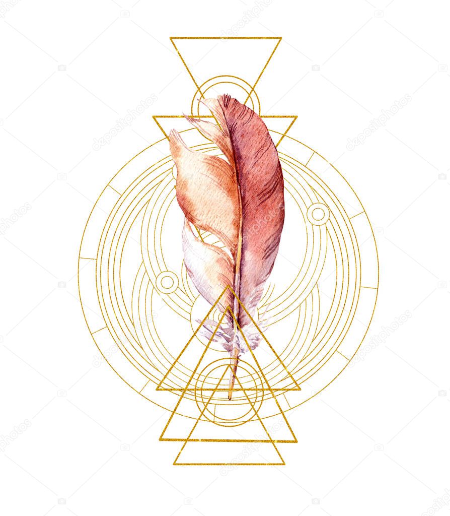 Feather with triangles and circles raster watercolor illustration