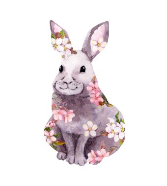 Kiraz çiçekli şirin tavşan pembe çiçekler. Suluboya