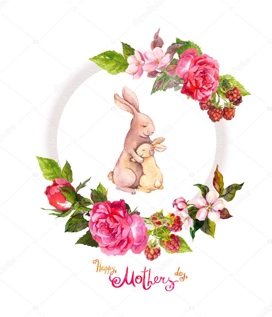 Mother animal hugs her little child rabbit. Floral wreath - roses, pink flowers, berries. Watercolor greeting card, poster, invitation for Mothers day