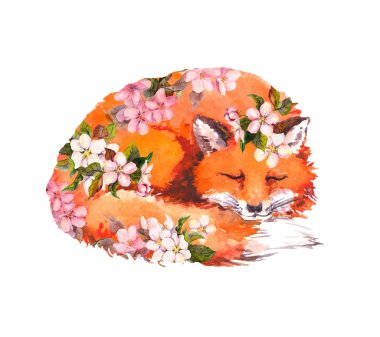 Bahar çiçeklerindeki şirin tilki hayvanı. Suluboya