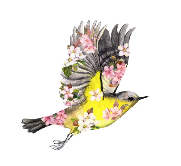Uccello volante in fiore. Illustrazione primavera acquerello — Foto Stock