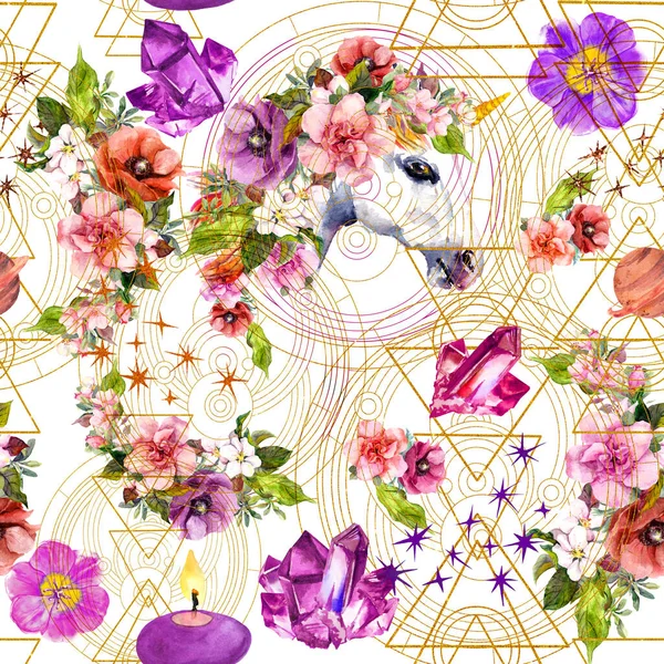 Unicorn, flowers, gem stones, golden geometric circles and magic triangles. Magical watercolor