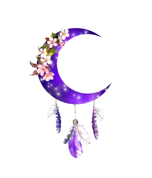 분홍빛의 예 - 별 과 꽃 과 깃털 이 있는 초승달. 기이 한 판타지 문신, 카드, 커버를 위한 보호 빈티지 디자인 — 스톡 사진