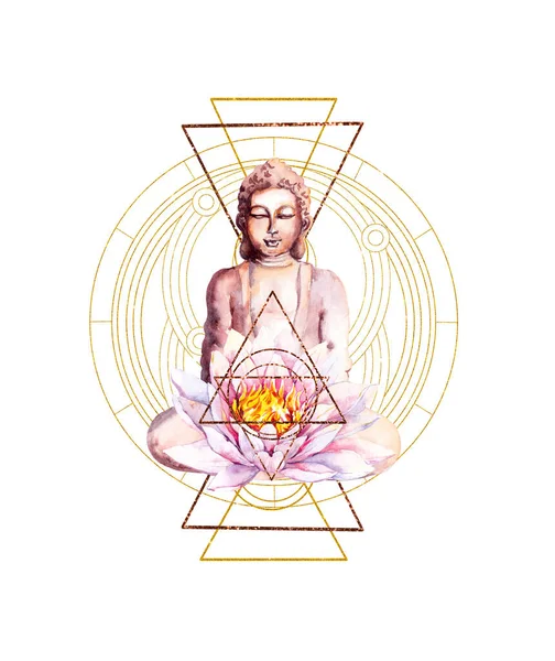 Buddha with lotus flower, golden triangles and circles. Watercolor geometric design