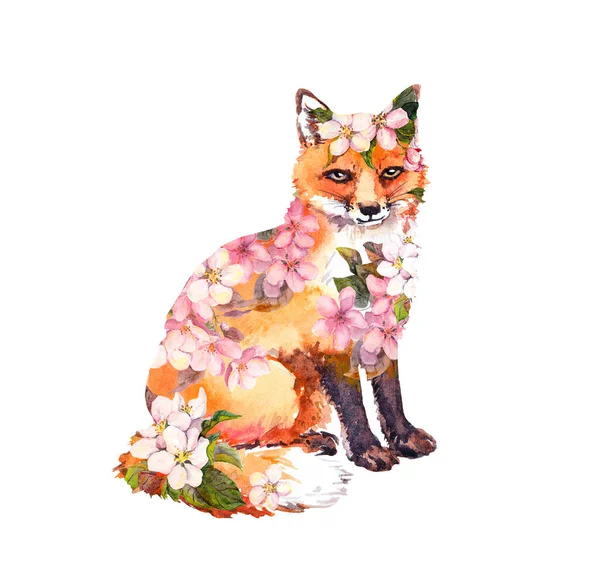 Мила лисиця у квітах. Акварельна ілюстрація — стокове фото