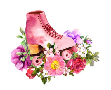 Çiçeklerin içinde geçmişe dönük patenler. Hippi boho tarzında suluboya