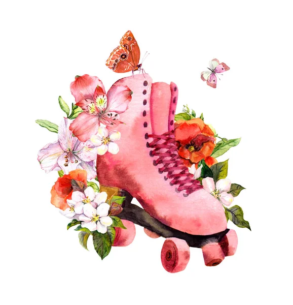 Рожеві вінтажні роликові ковзани в купах квітів і метеликів. Акварельна ілюстрація — стокове фото