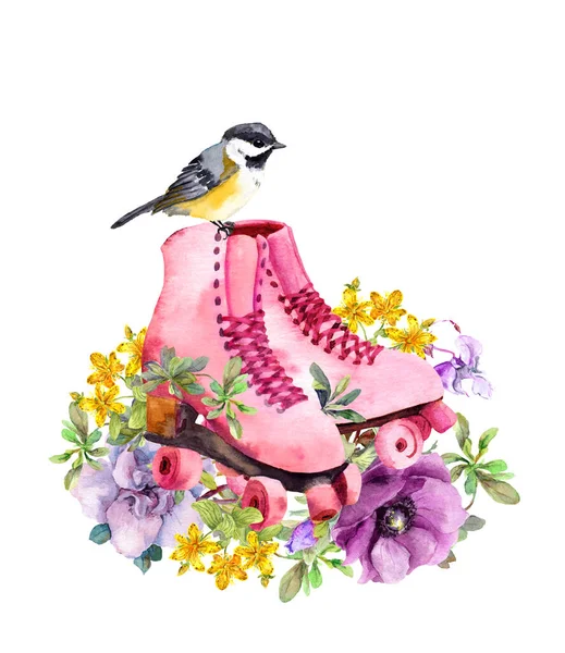 Para rocznika różowe wrotki z pięknymi kwiatami, małe ptaki. Akwarela retro obraz w stylu żeńskim, dziewczęcym — Zdjęcie stockowe