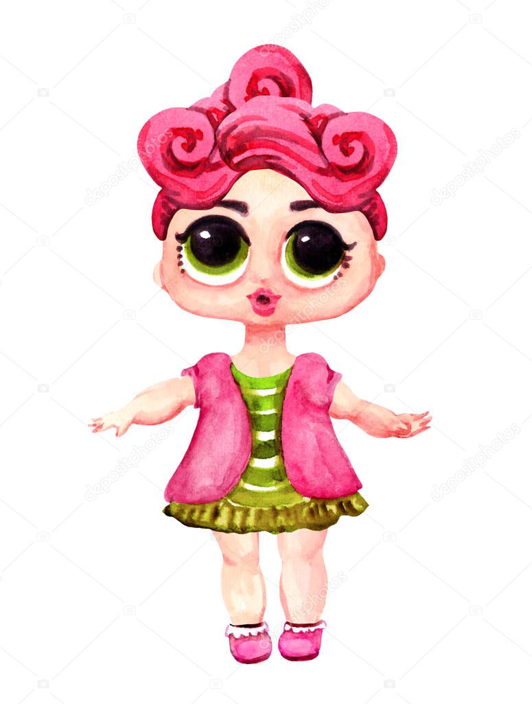 Cute lol doll with pink hair and big eyes. Design for baby girl t-shirt, decoration birthday invitation. Watercolor