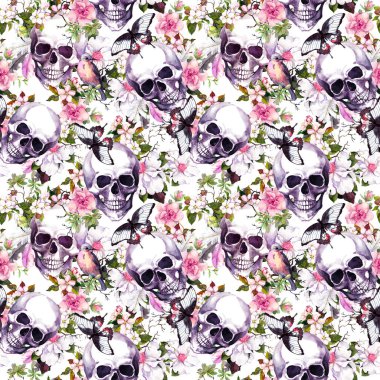 Çiçekli insan kafatasları, kuş. Kusursuz desen. Suluboya