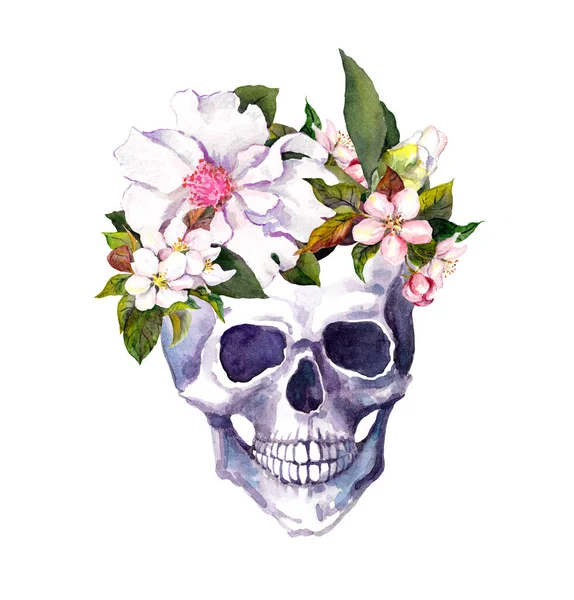 Ludzka czaszka, kwiaty w boho, styl grunge. Akwarela na dzień Dia de Muertos — Zdjęcie stockowe