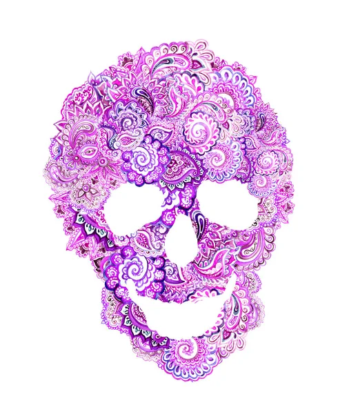 Calavera humana con adornos étnicos. Ilustración en acuarela — Foto de Stock