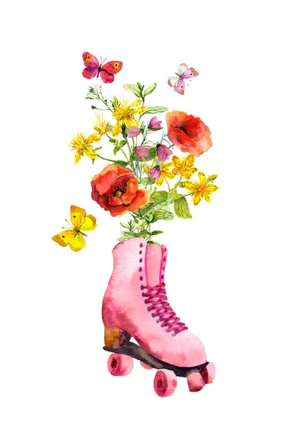 Retro roze rollers skate met bloemen, vlinders. Aquarel trend illustratie in vrouwelijke, girly stijl — Stockfoto