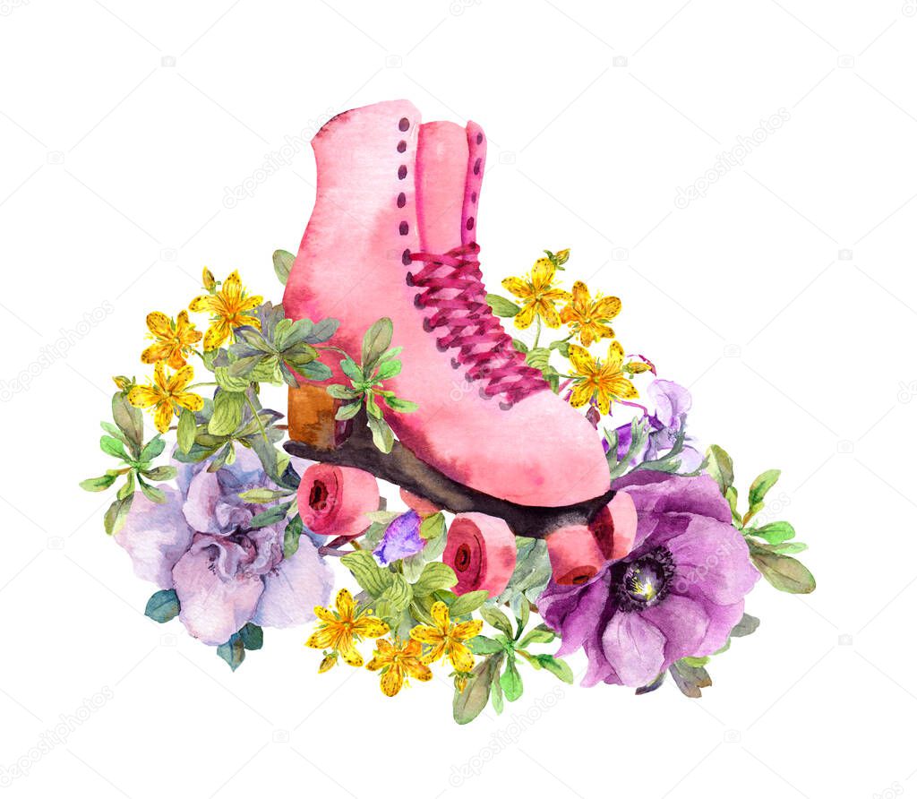 Retro roller skate with floral composition of flowers. Watercolor picture