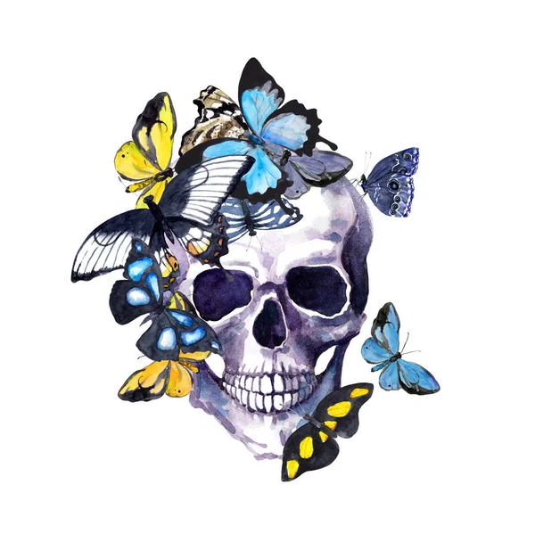 Людська мертва голова з екзотичними метеликами. Акварель на Хелловін, татуювання — стокове фото