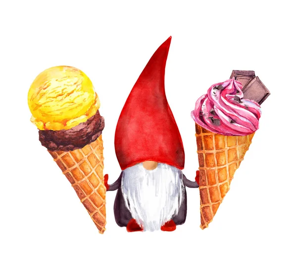 Gnome de verão aquarela, sorvete em cone de waffle. Água cor doce alimento ilustração — Fotografia de Stock