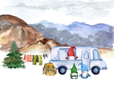 Cüce ailesi minibüsle seyahat eder. Dağlar karavan gezisi, turizm, açık hava aktiviteleri suluboya