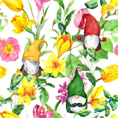 Bahar çiçeklerinde sevimli cüceler. Crocus, laleler, narciccus, sümbül. Çiçeksiz desen. Çimenli suluboya, yapraklı