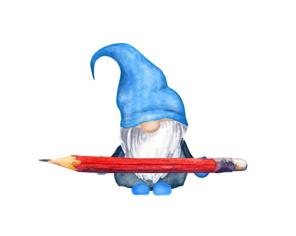 Gnome de l'école - crayon dans les mains. Aquarelle illustration mignonne avec outil de dessin, fournitures de bureau — Photo