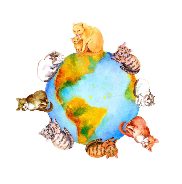 世界上的星球，周围的猫。猫日水彩卡 — 图库照片