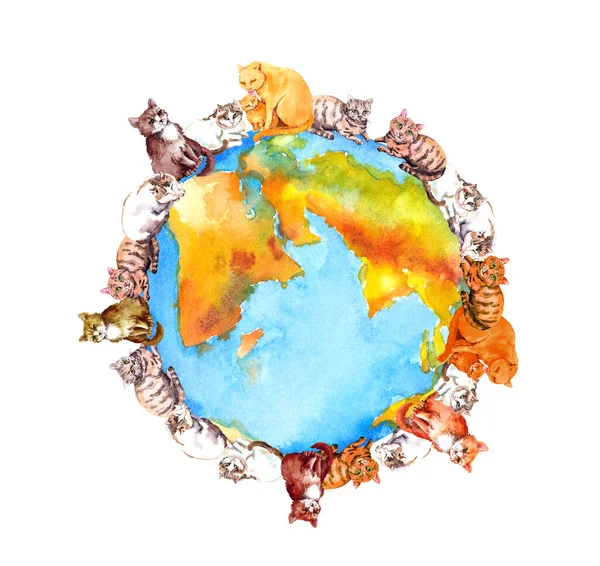 世界地球，猫科动物周围。猫日水彩画 — 图库照片