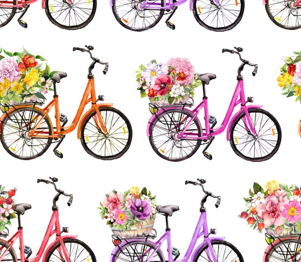 Bicycles and flowers in basket. Seamless pattern. Watercolor