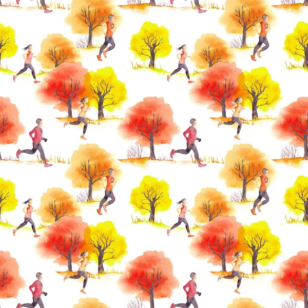Τρέξιμο άνθρωποι άνδρες και γυναίκες σε προπόνηση στο πάρκο φθινόπωρο. Απρόσκοπτη σπορ μοτίβο με κόκκινα, κίτρινα δέντρα. Υδατογραφία — Φωτογραφία Αρχείου