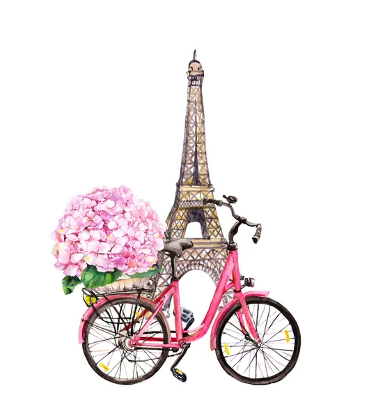 Bicicleta con flores de hortensias rosadas en cesta, Torre Eiffel en París, Francia. Acuarela —  Fotos de Stock