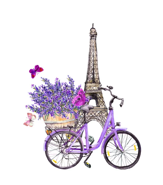 Motýli, Eiffelova věž, kolo s levandulovými květy v košíku v Paříži, Francie. Akvarel — Stock fotografie