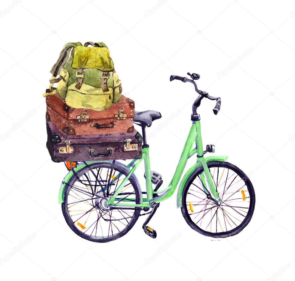 Bicycle with travel backpackes and vintage suitcases. Watercolor for trip, journey design
