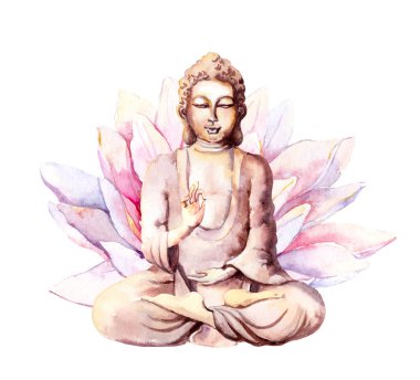 Buddha with pink lotus flower. Watercolor illustration